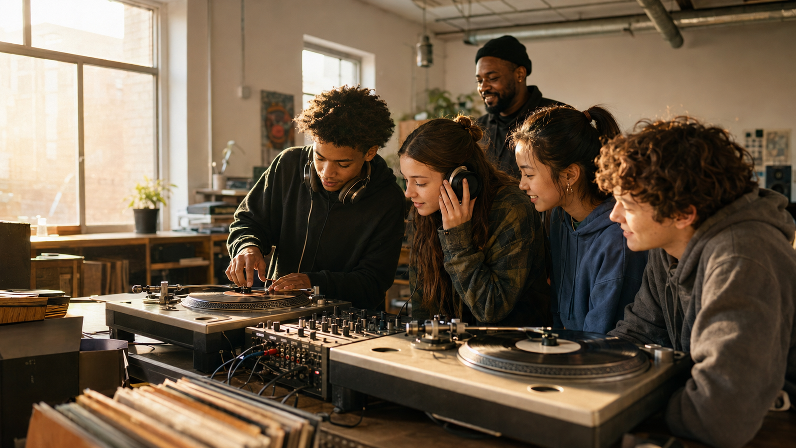 Young people exploring Disc Jockey Art together